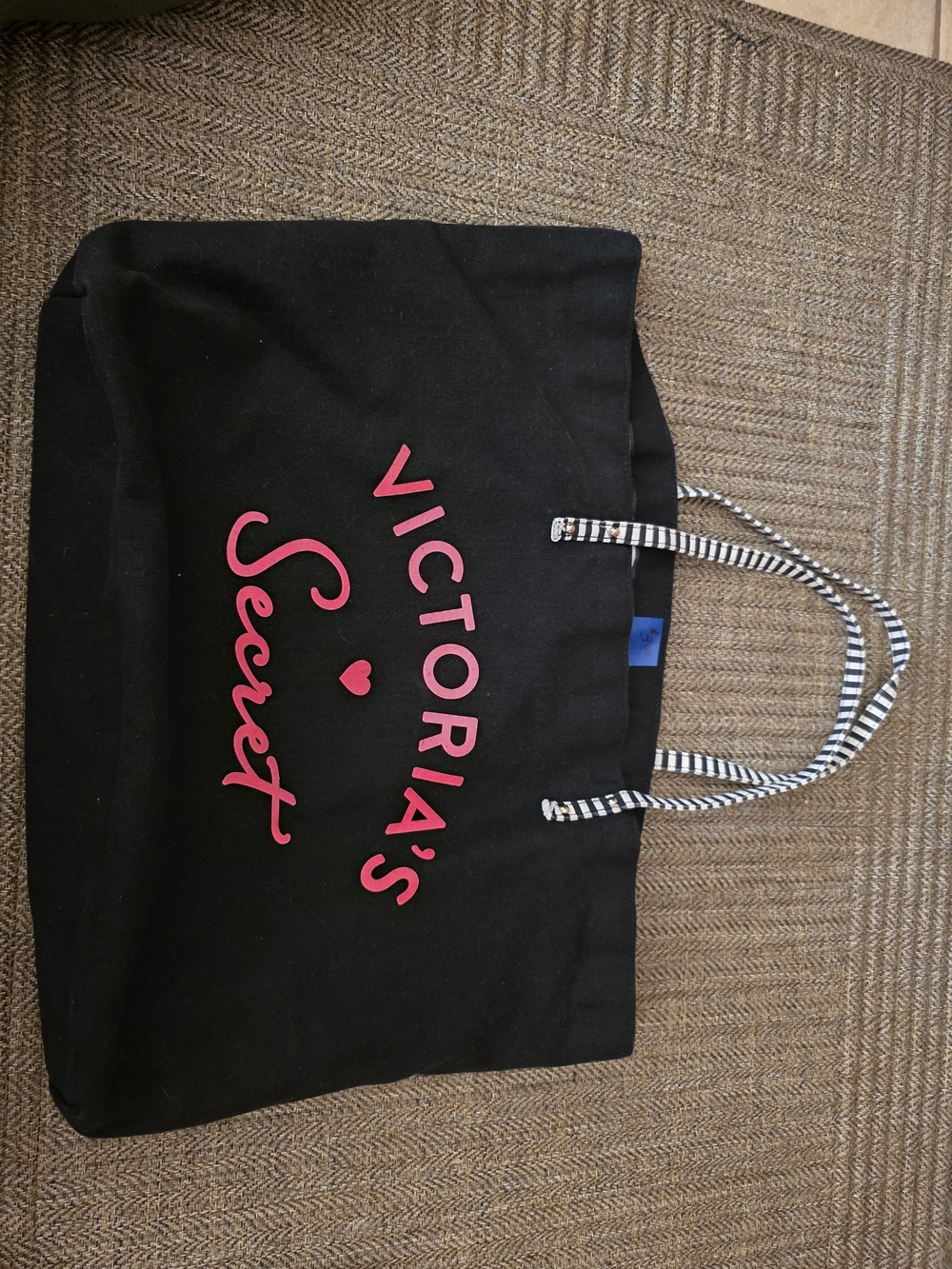 Victoria's Secret Black Tote with Pink Logo and Striped Handles